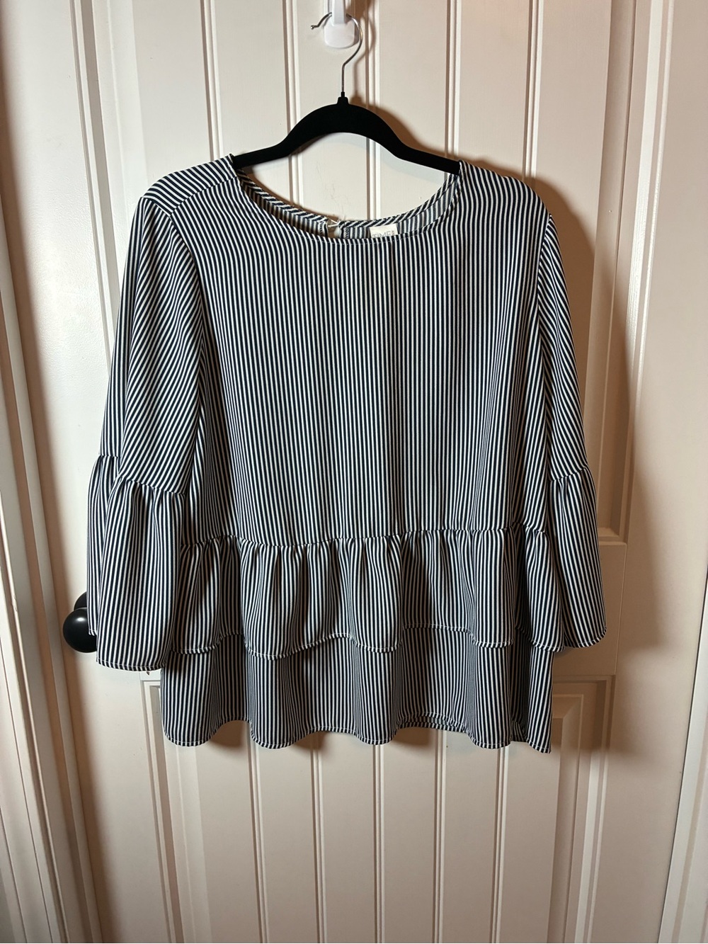 Time and Tru Black and White Striped Ruffle Tunic